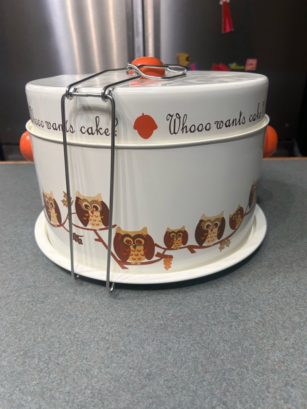 1970s Whooo Wants Cake? Owl Print Cake Carrier - White with Orange Accents